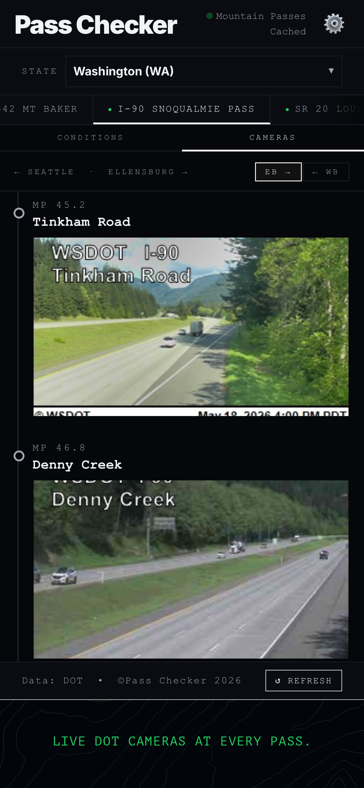 Live DOT camera feeds at Tinkham Road and Denny Creek on I-90