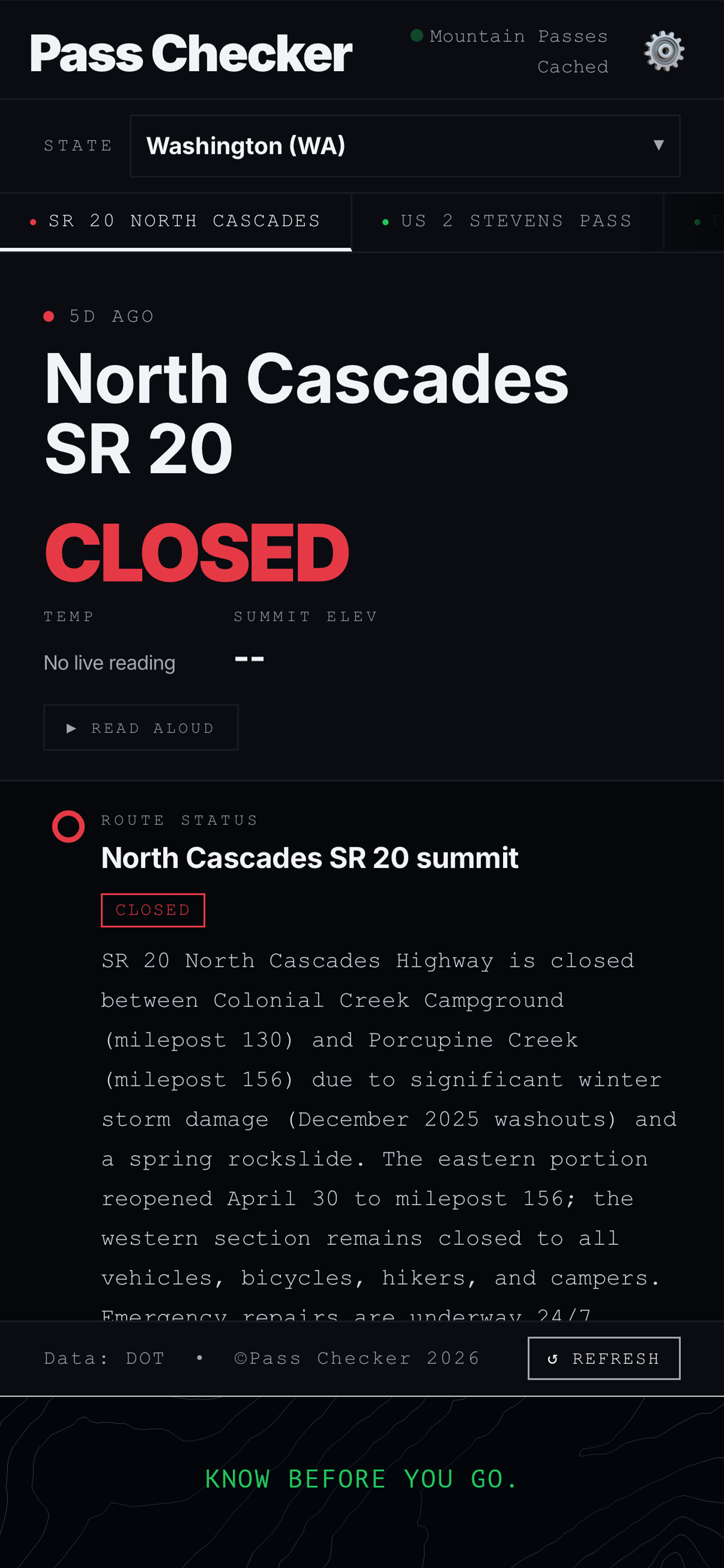 Closed mountain pass with travel restrictions